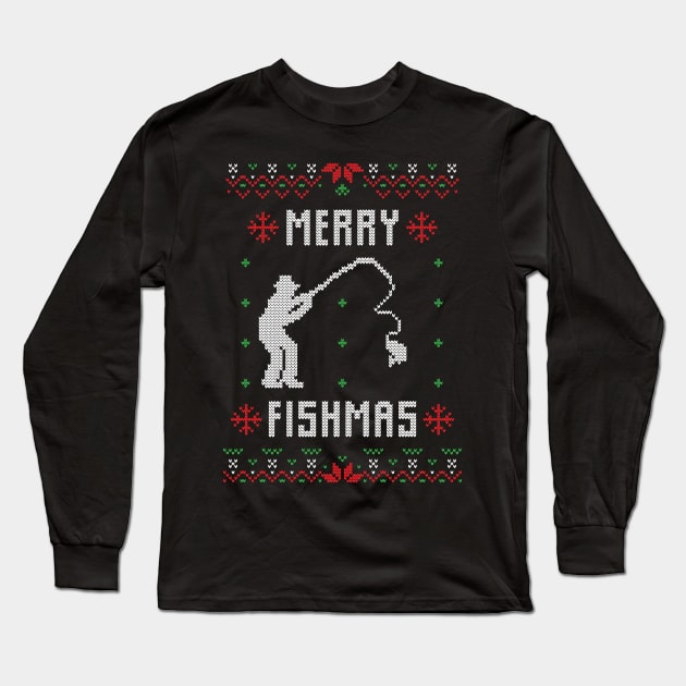 Merry Fishmas - Funny Ugly Christmas Sweater Fishing Gift Long Sleeve T-Shirt by BadDesignCo